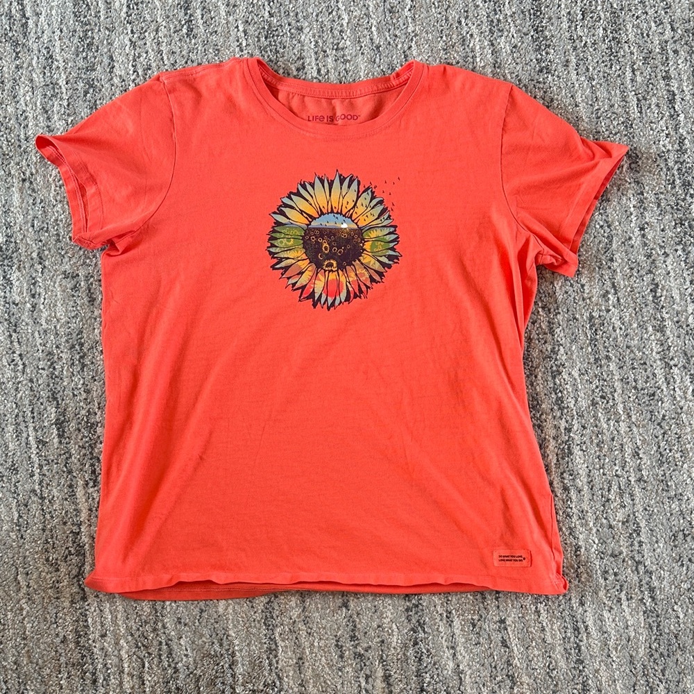 Life Is Good Bright Coral Sunflower Graphic Tee